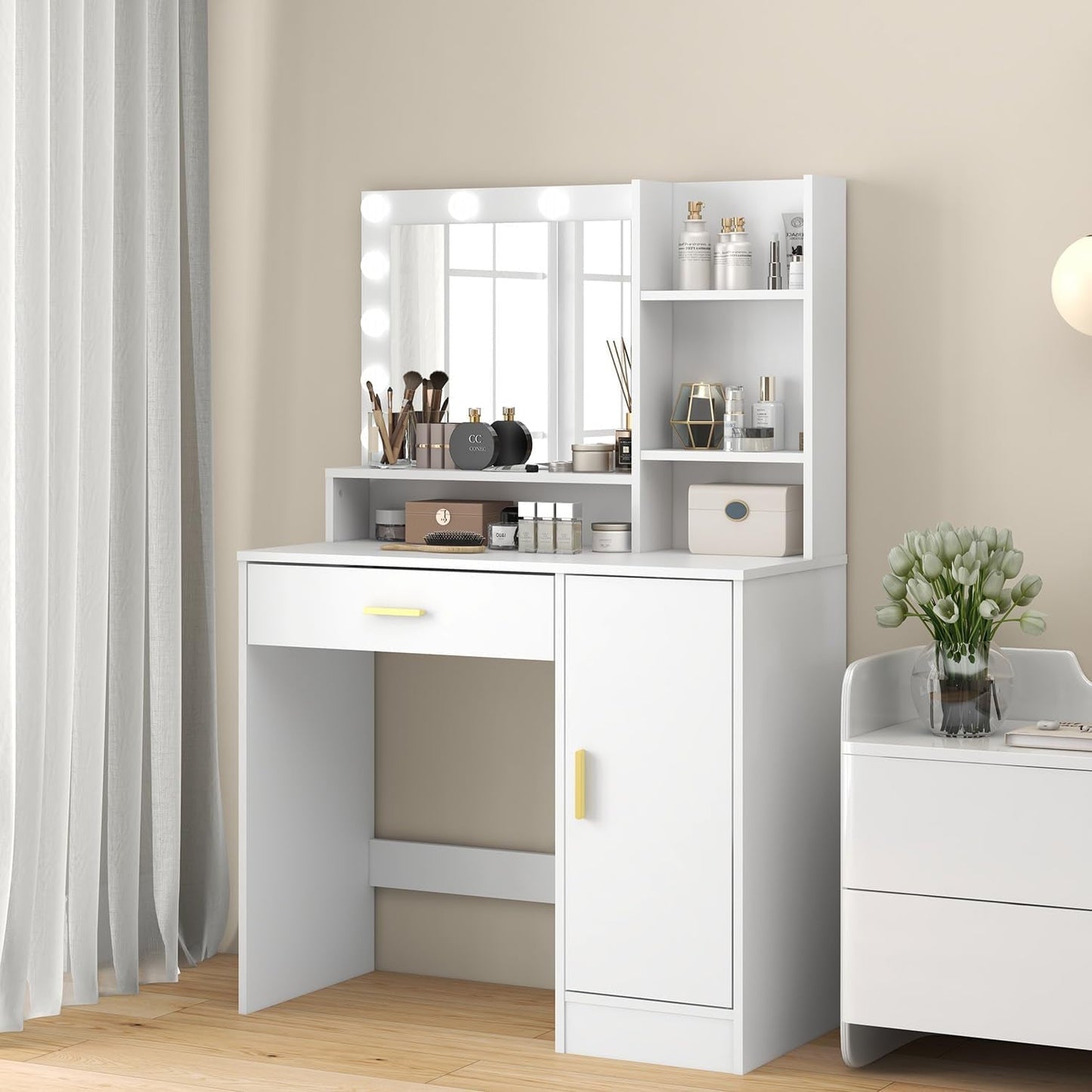 White Vanity Desk With Adjustable Brightness Lights