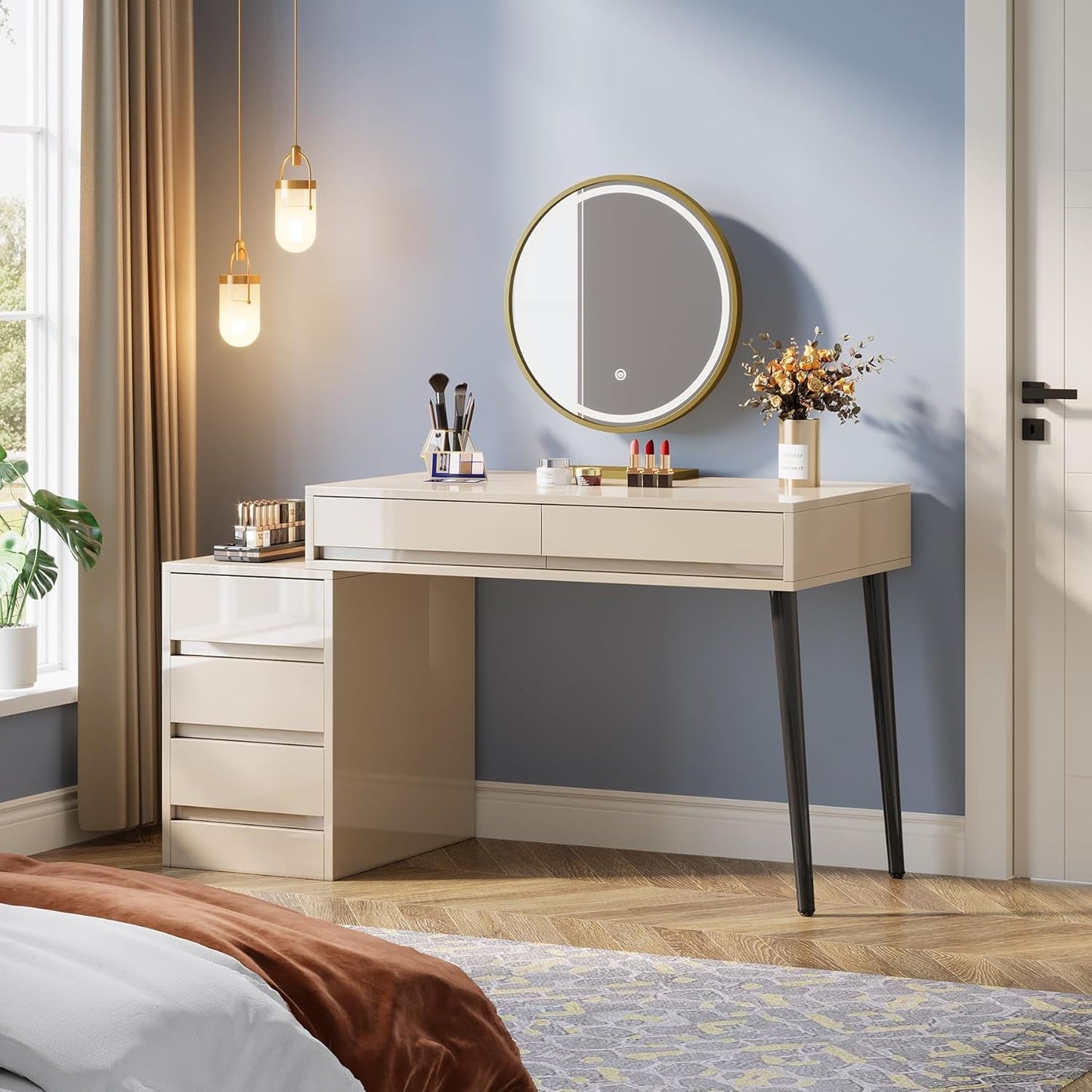 Glossy Beige Vanity Desk With Reversible FiveDrawers