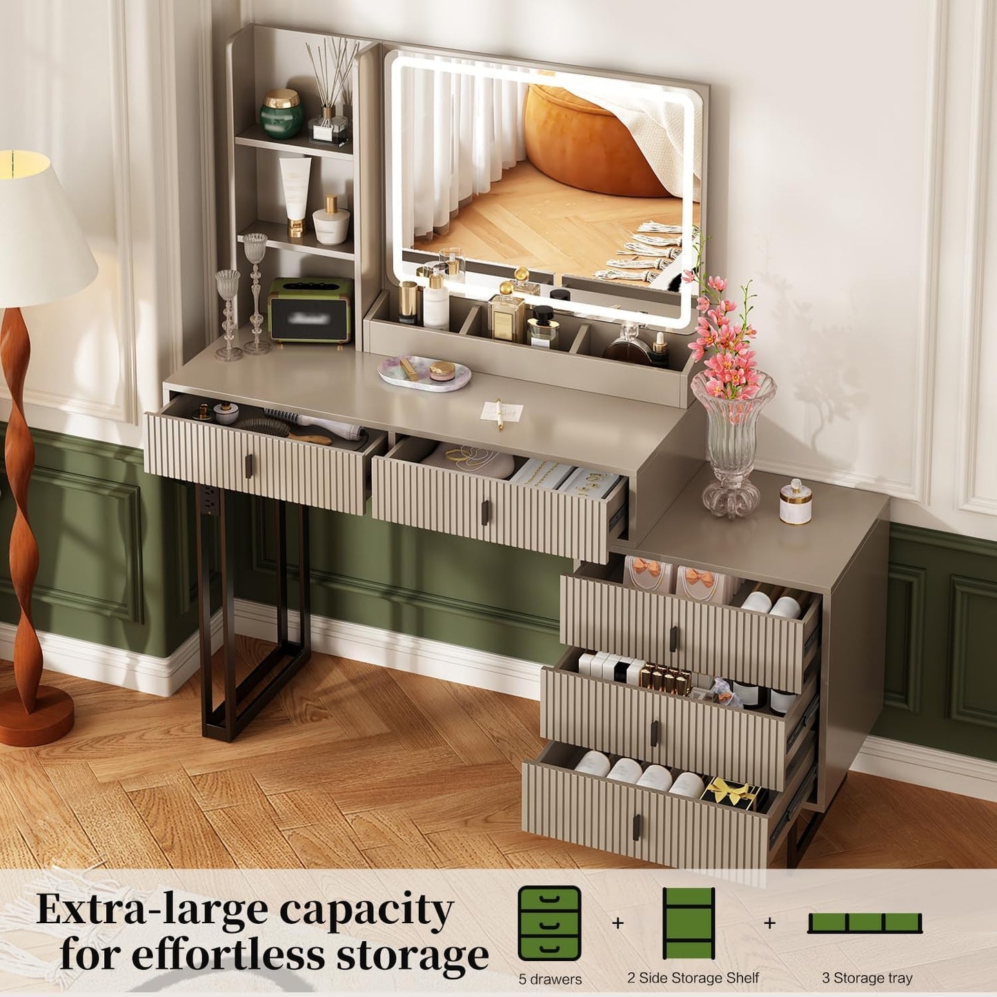 Large Vanity Desk Featuring Illuminated Dimming Mirror