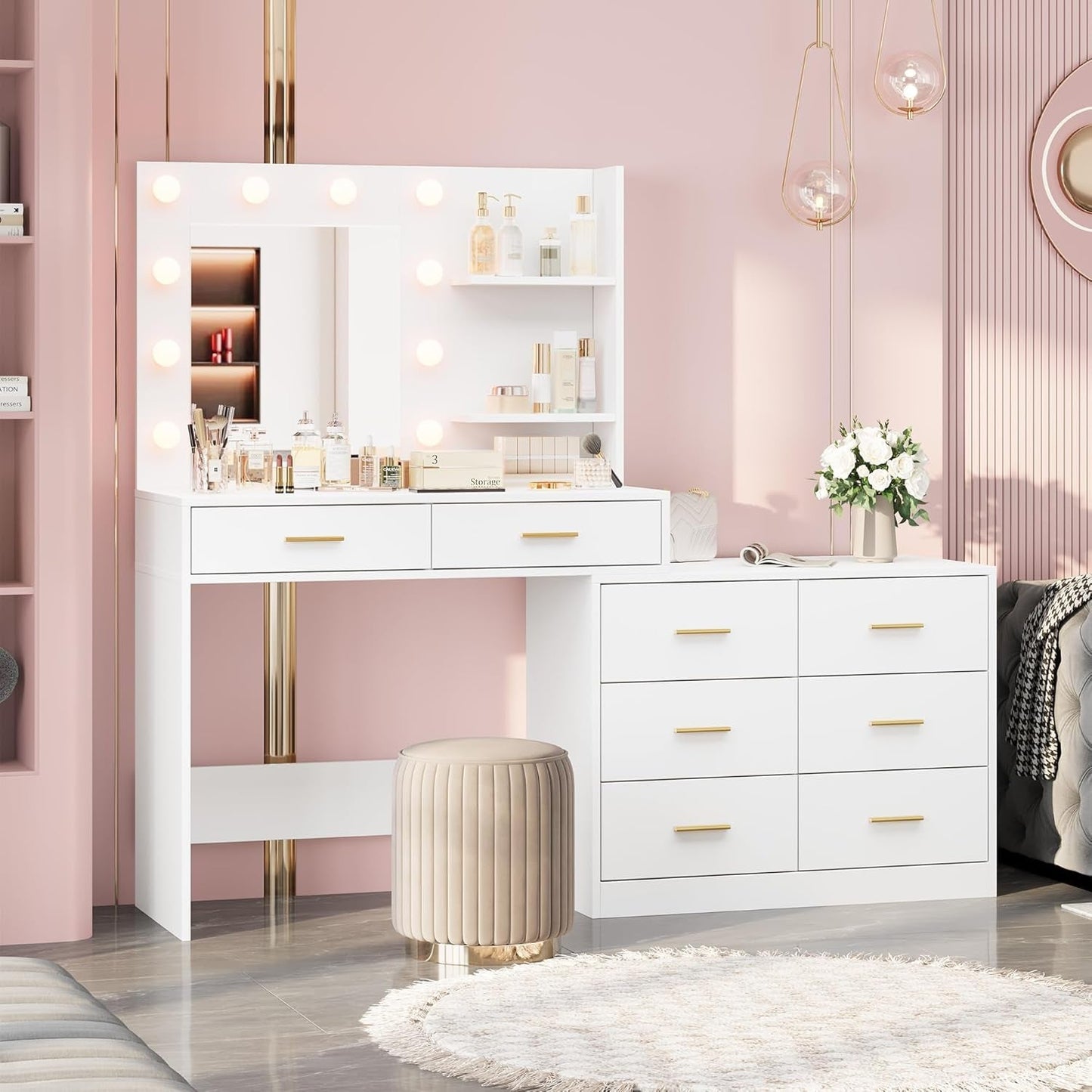 61 Inch Vanity Desk With Premium Led Illuminated Makeup Mirror