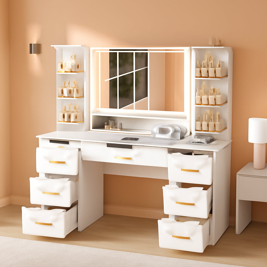 White Vanity Desk With Illuminated Rotating Shelves
