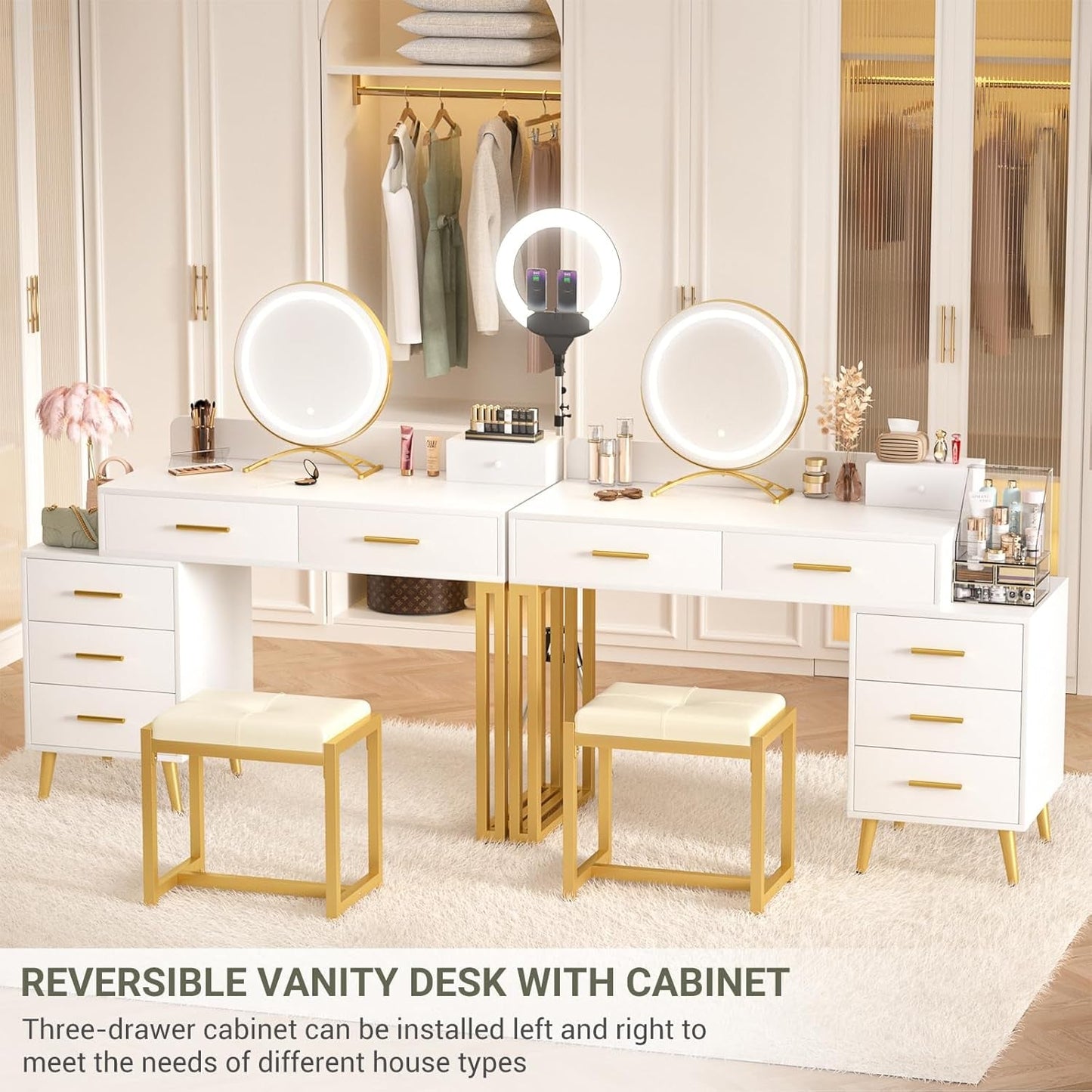 White Vanity Desk With Integrated Illuminated Mirror