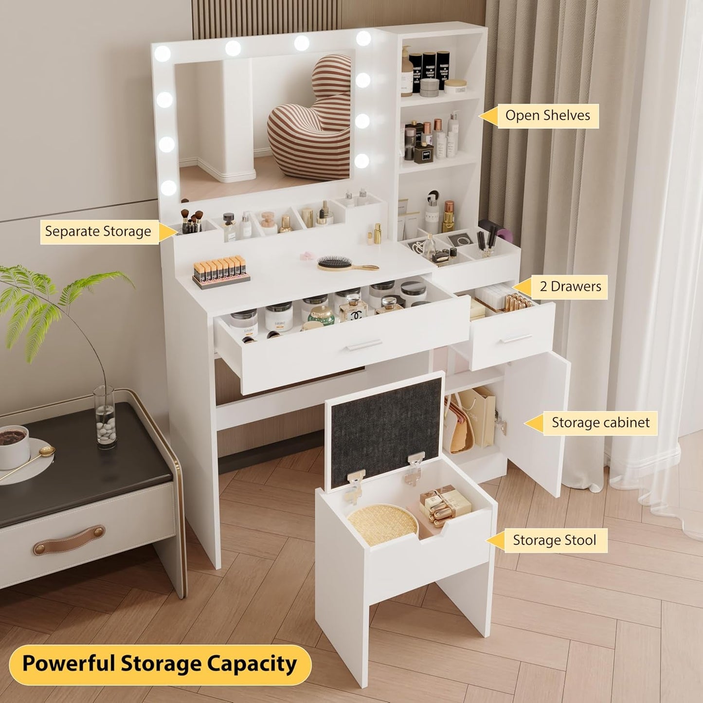 White Vanity Desk With Adjustable Lighting Storage
