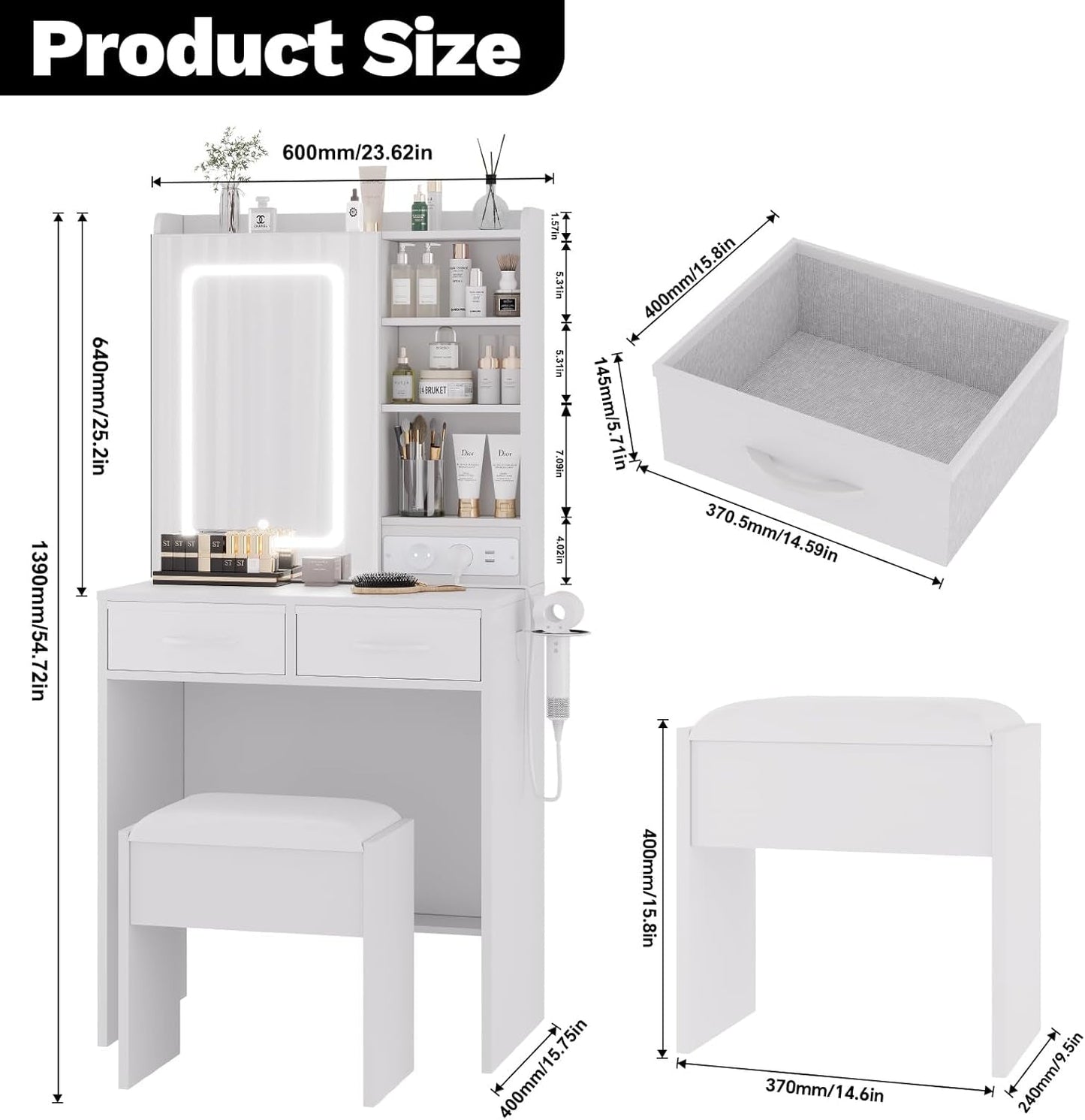 White Vanity Desk Featuring Illuminated Mirror Outlets
