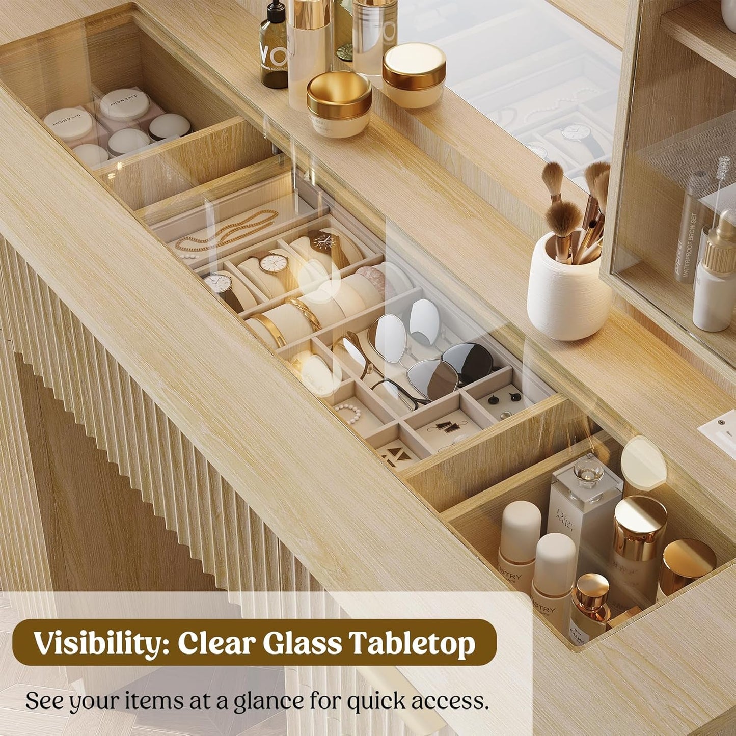 Fluted Wood Vanity Desk 48 Inch Tempered Glass Mirror