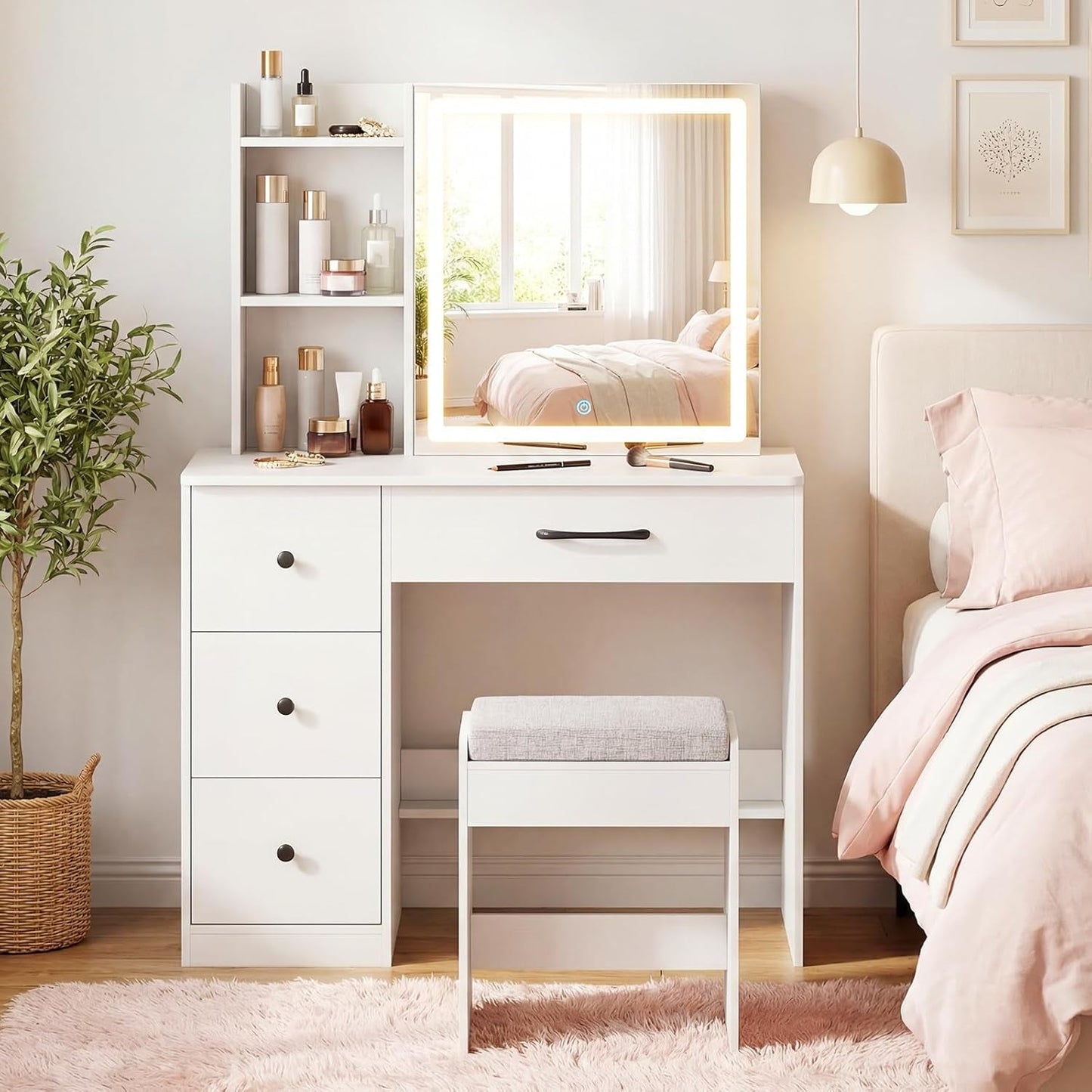38 Inch Vanity Desk With White Luxurious Illuminated Mirror