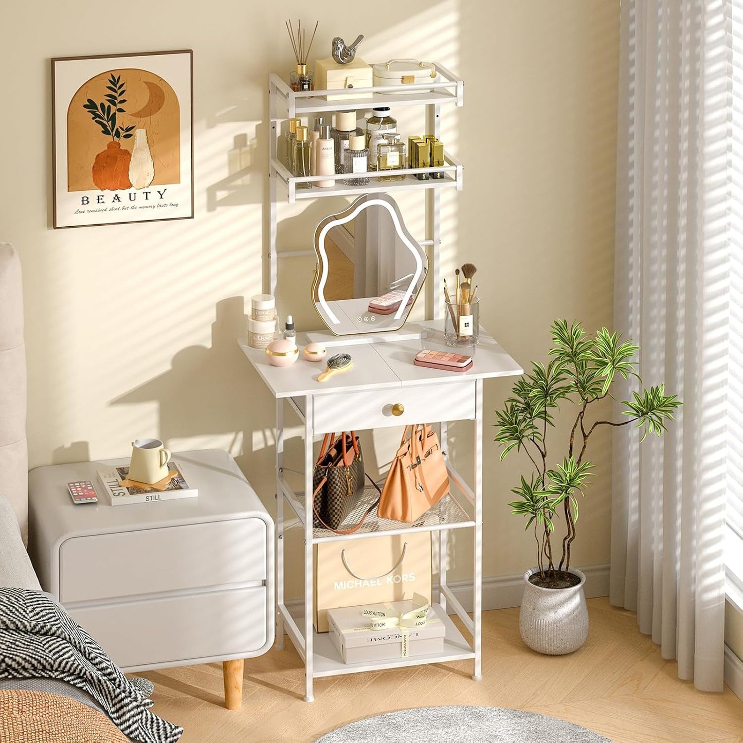 White Ultra Compact Vanity Desk With Generous Storage