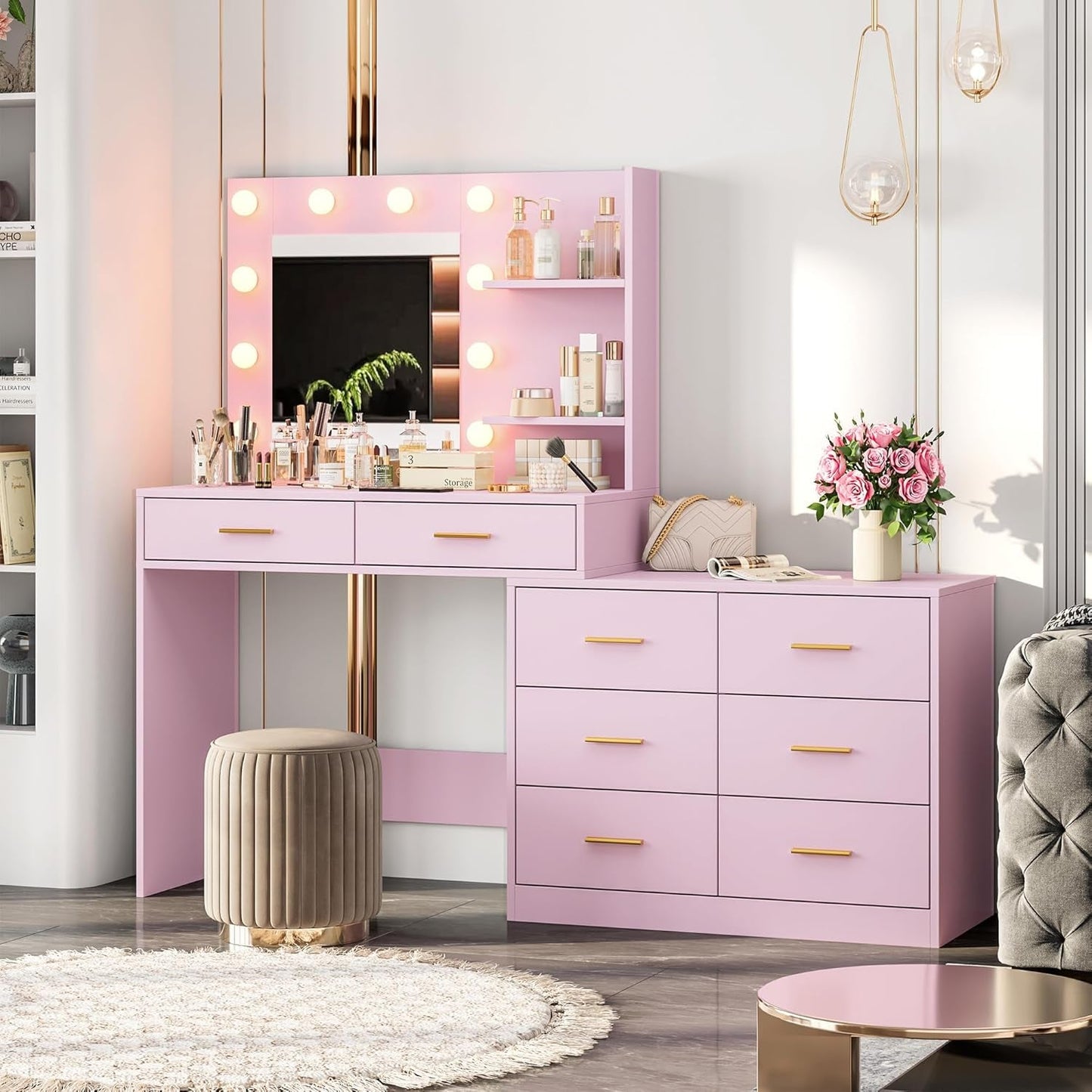 61 Inch Pink Vanity Desk With Illumination Control System