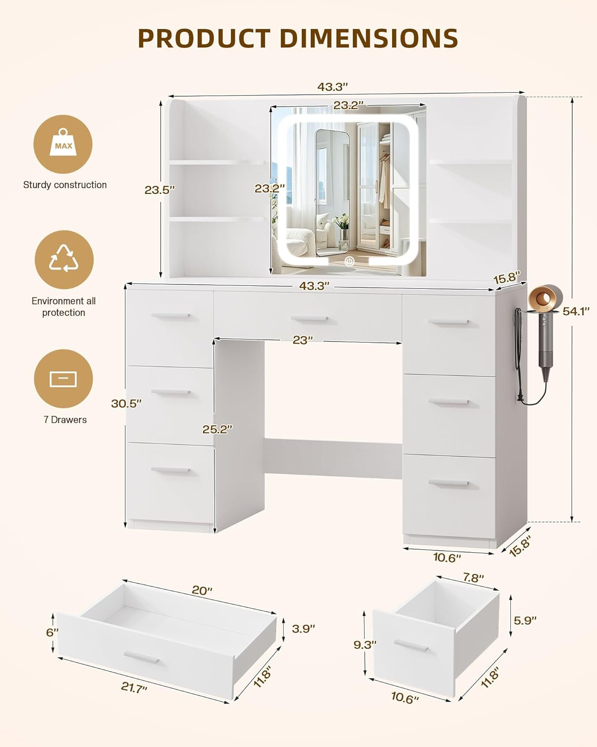 White Vanity Desk With Smart LED Mirror And Storage