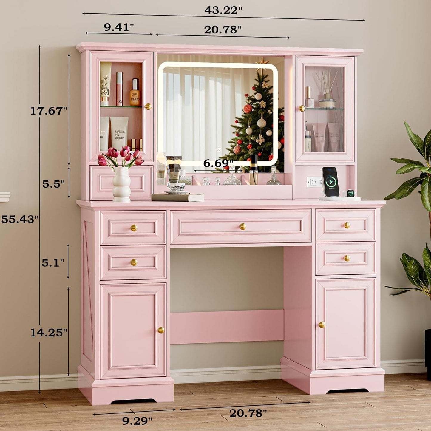 Pink Vanity Desk With Premium LED Illuminated Mirror