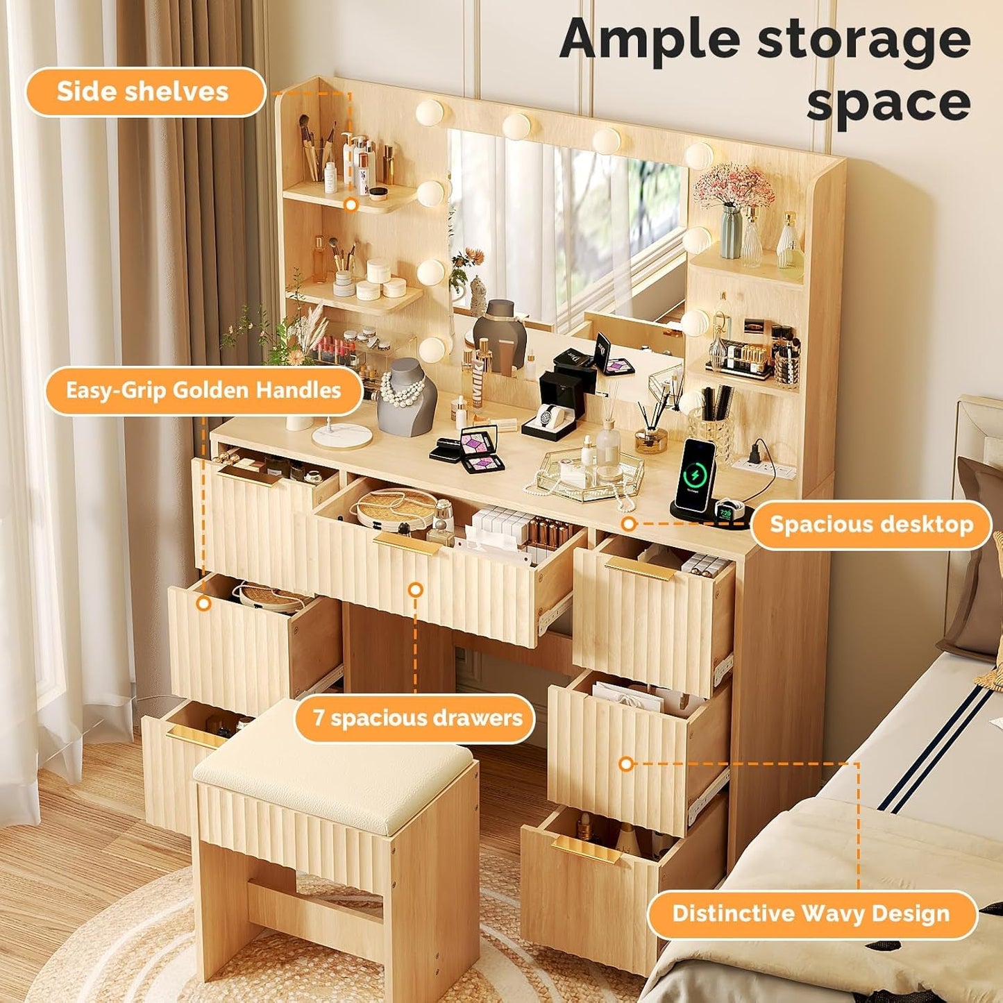 Espresso Oak Fluted Vanity Desk With Integrated Outlet
