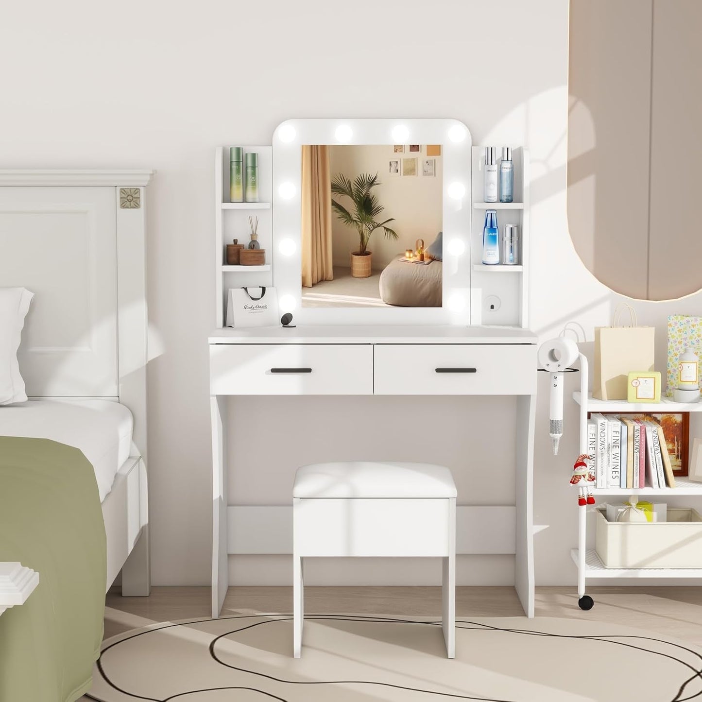 Porcelain White Vanity Desk With Mirror LED Lighting