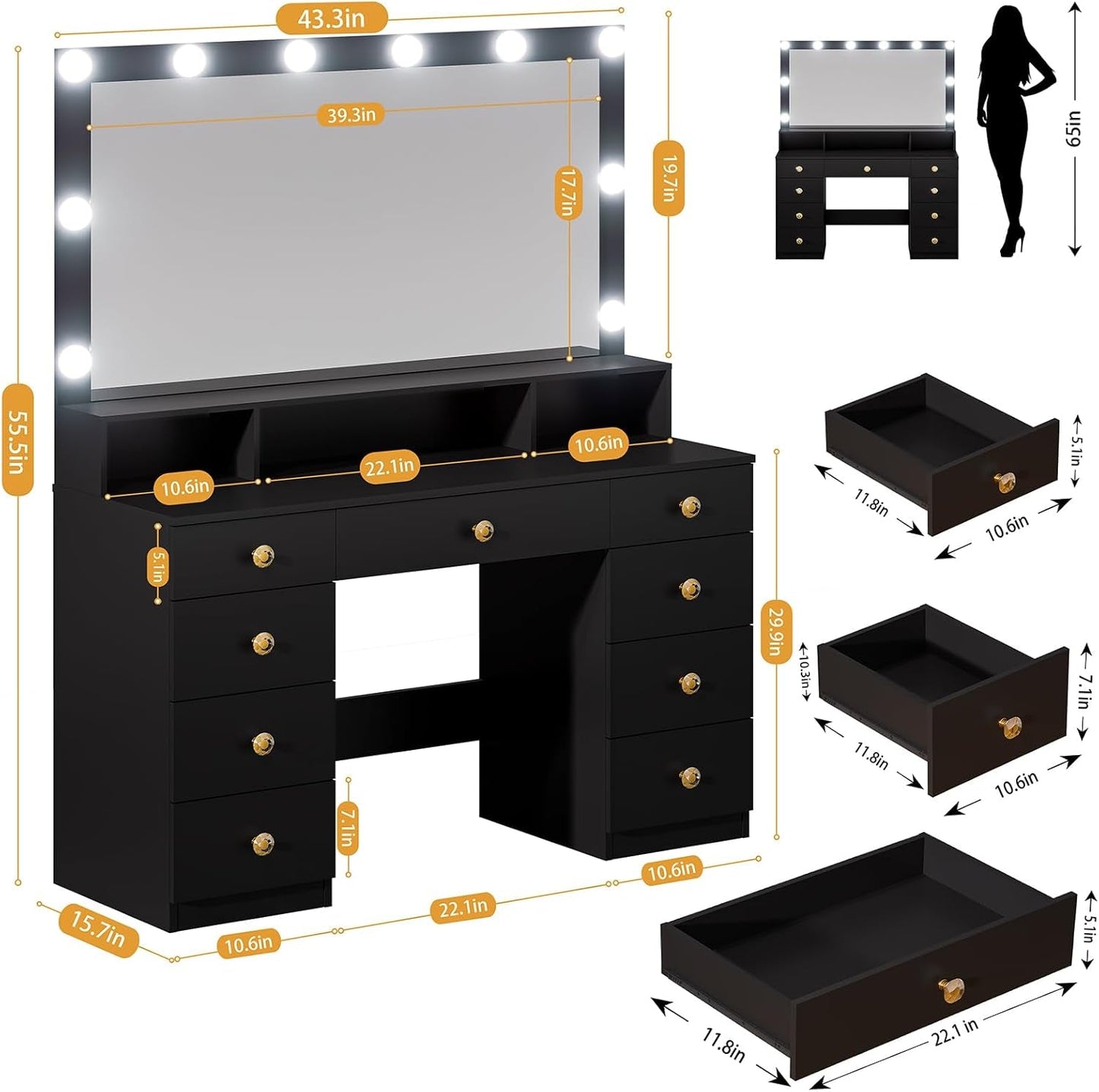 Black Vanity Desk With Illuminated Mirror Lighting
