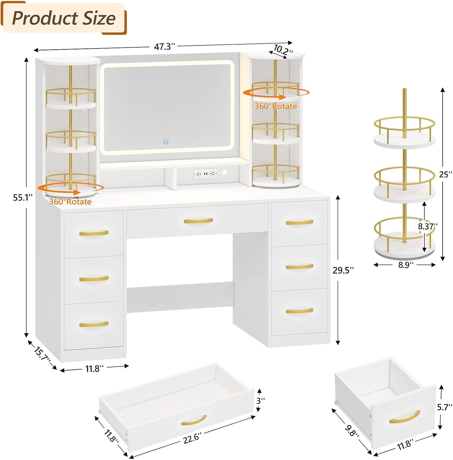 White Vanity Desk With Illuminated Rotating Shelves