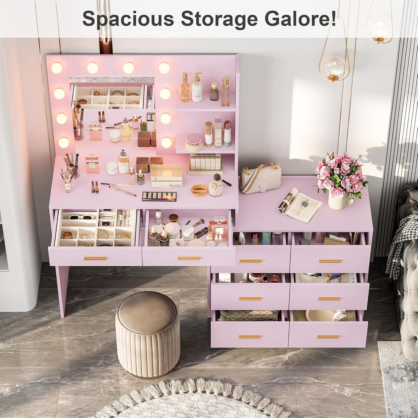 61 Inch Pink Vanity Desk With Illumination Control System