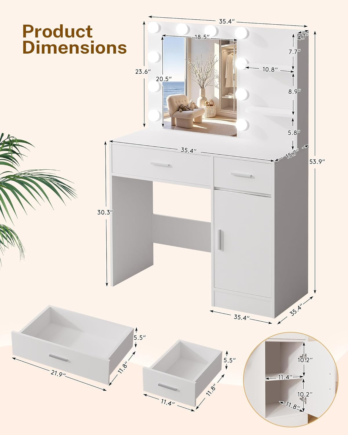 Luxurious White Vanity Desk Featuring Dimmable Mirror