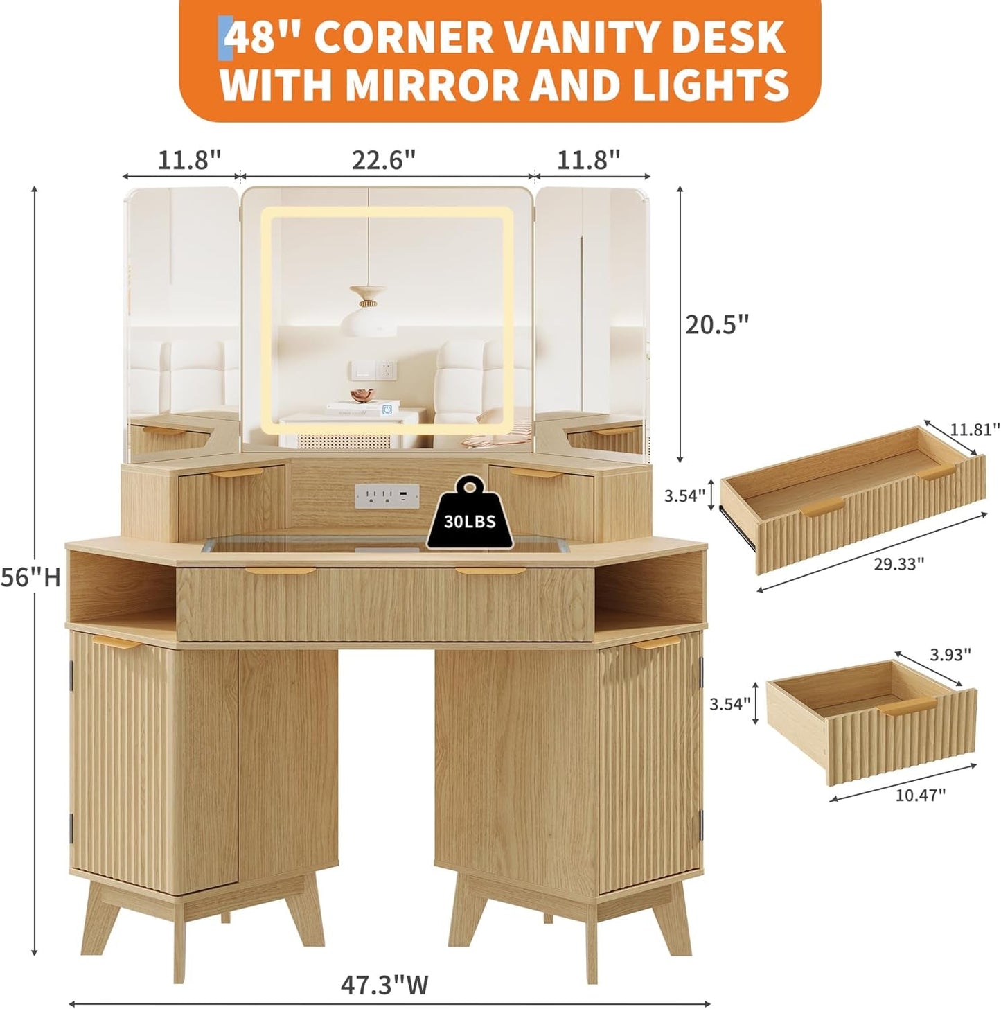 48 Inches Intricately Fluted Makeup Vanity Desk Lights