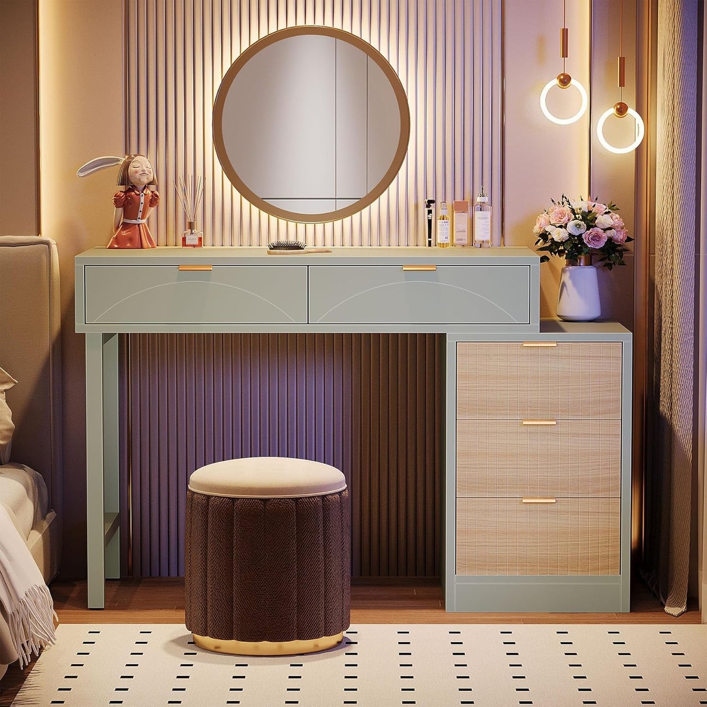 Mint Green Vanity Desk With 5 Drawers For Narrow Spaces