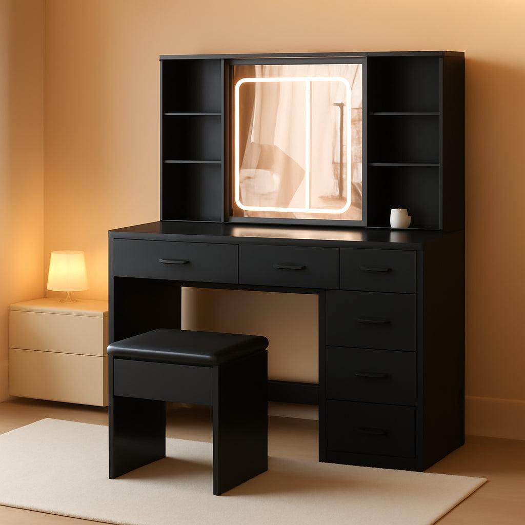 Black Vanity Desk With Large Mirror Illumination Mode