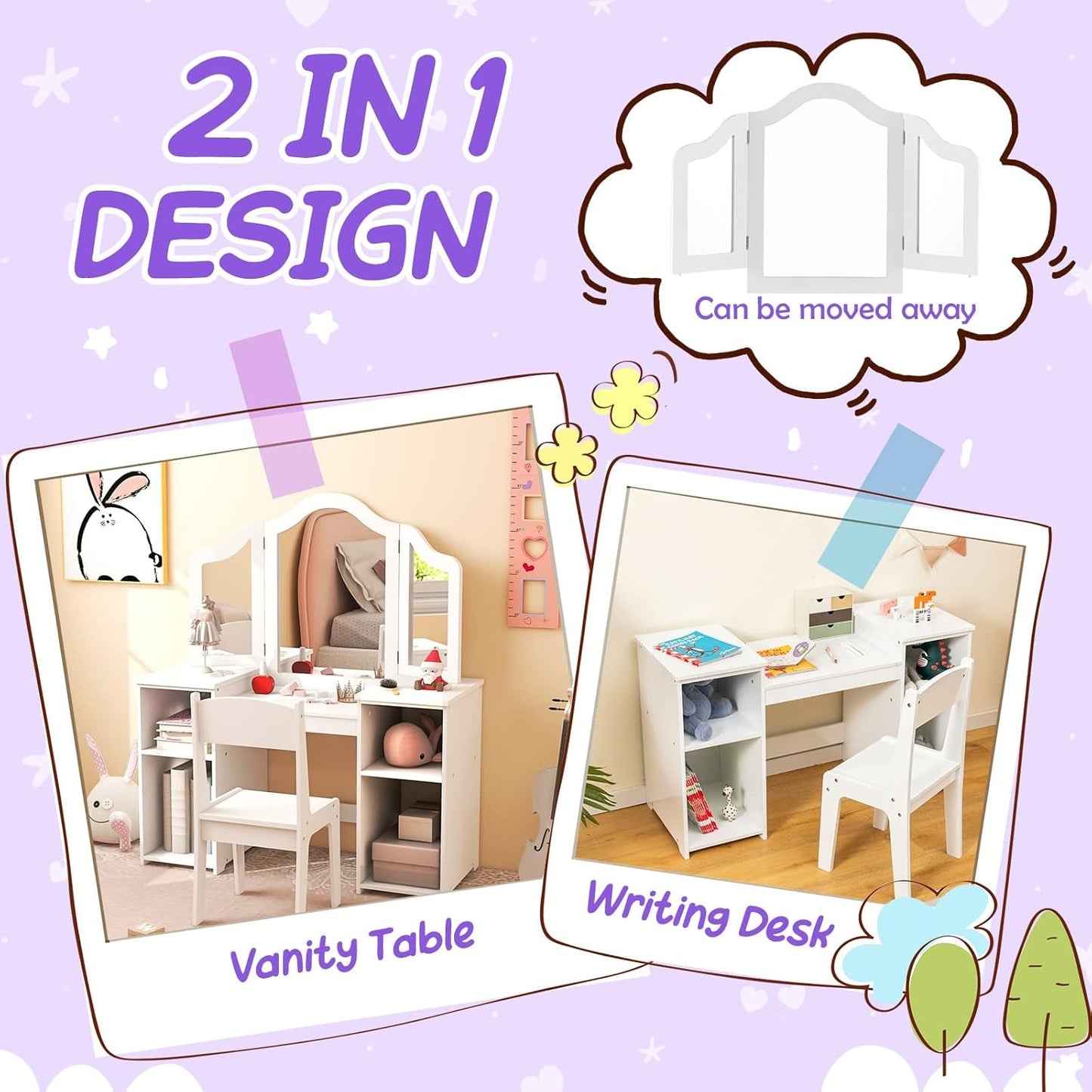 White Princess Vanity Desk Featuring Detachable Mirror