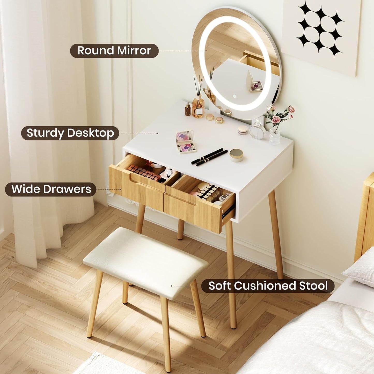Natural Oak Vanity Desk With Illuminated Makeup Mirror