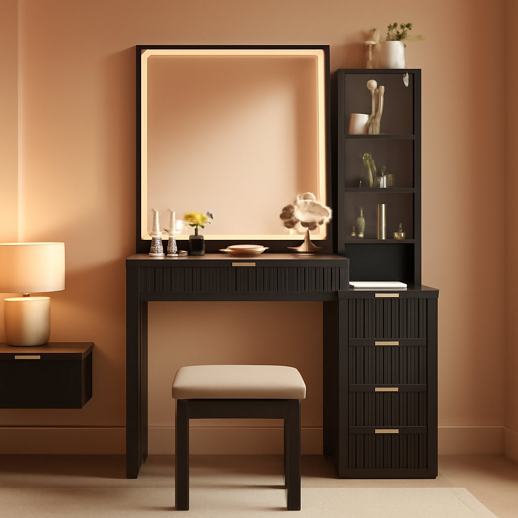 Black Vanity Desk With Premium Crystal Mirror Light