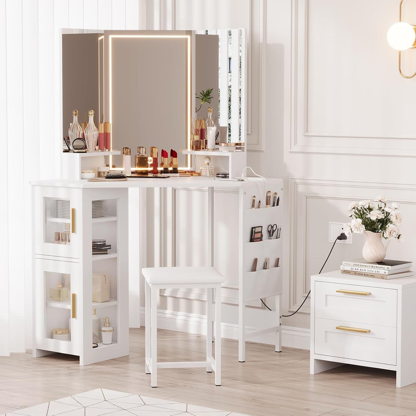 Elegant White Corner Vanity Desk LED Illuminated Mirror