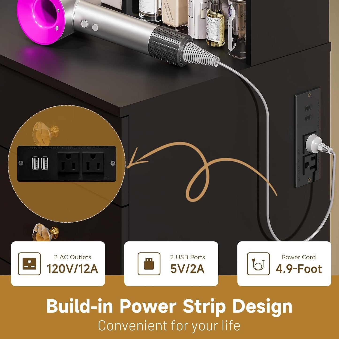 Black Vanity Desk With Illuminated Mirror Lighting