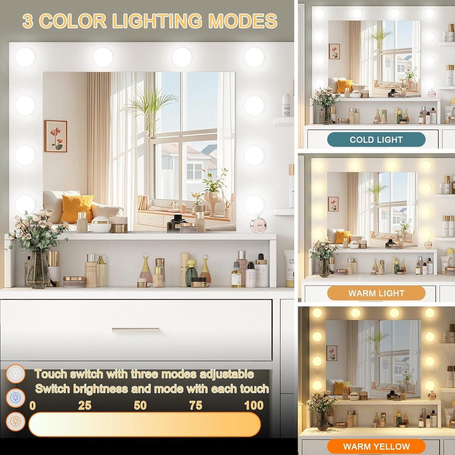 Luxurious White Vanity Desk Featuring LED Illumination