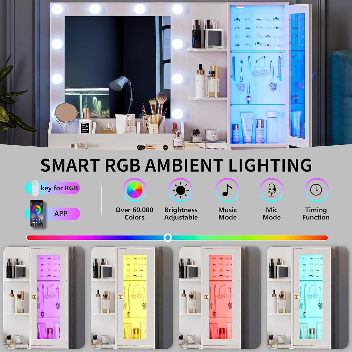 White Vanity Desk With Built In RGB Ambient Lighting
