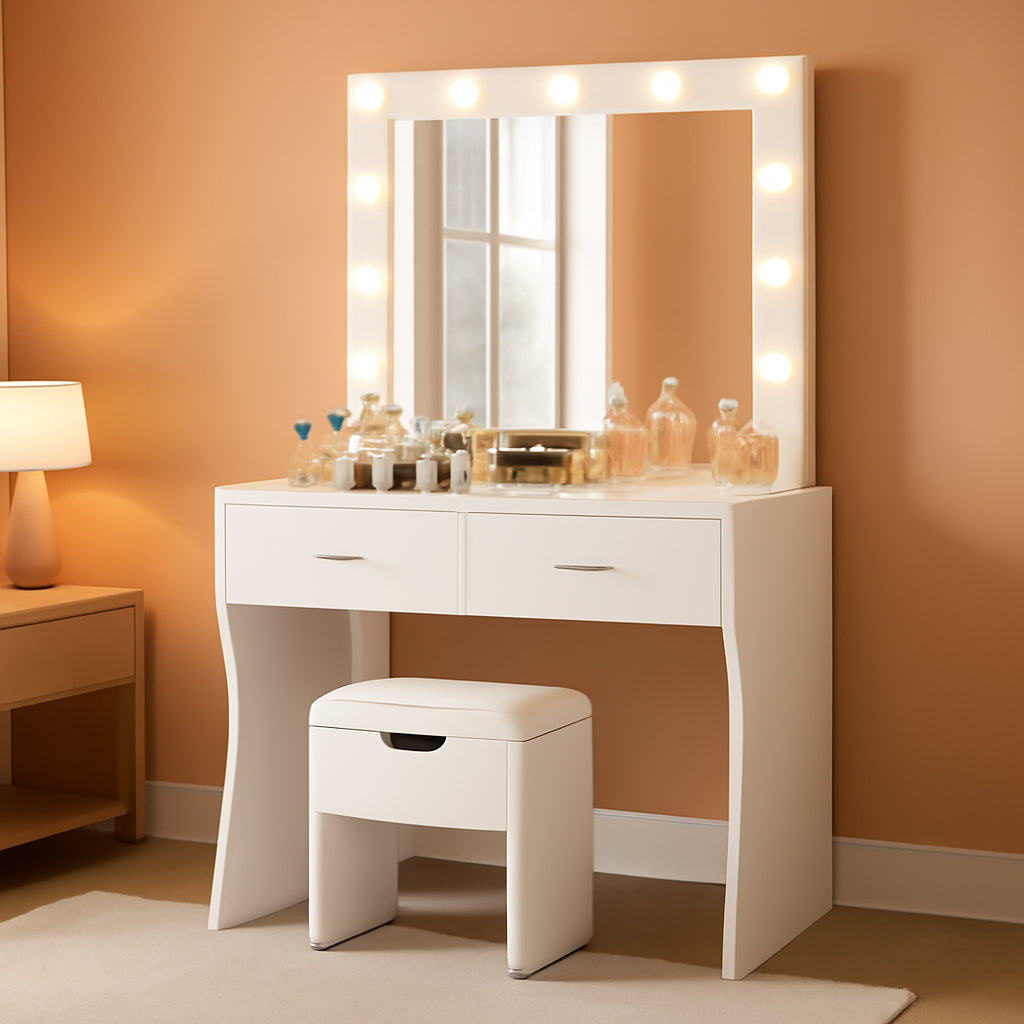 White 35 Inches Vanity Desk With Illuminated Mirror