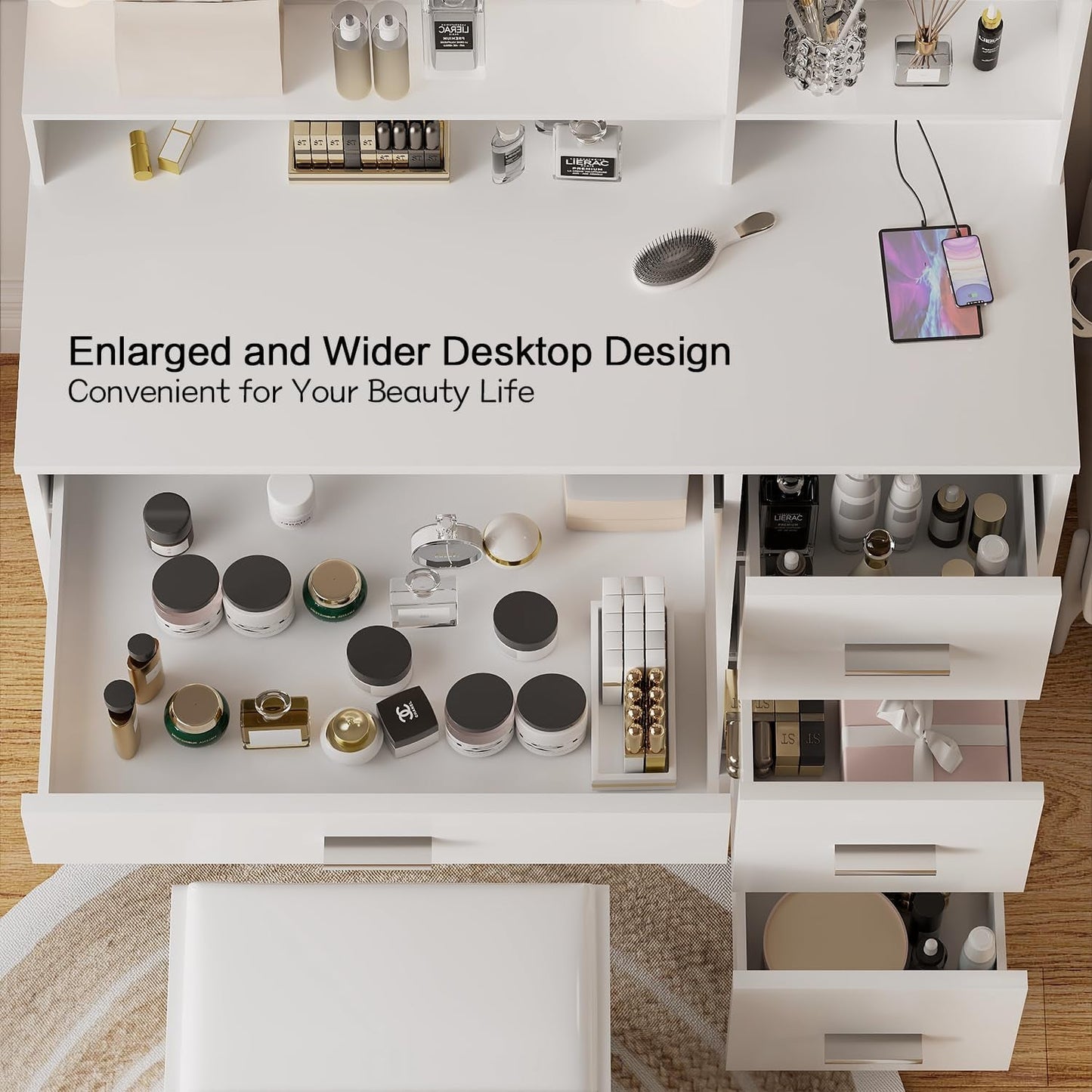 Vanity Desk With Mirror And Power Outlet White Drawers