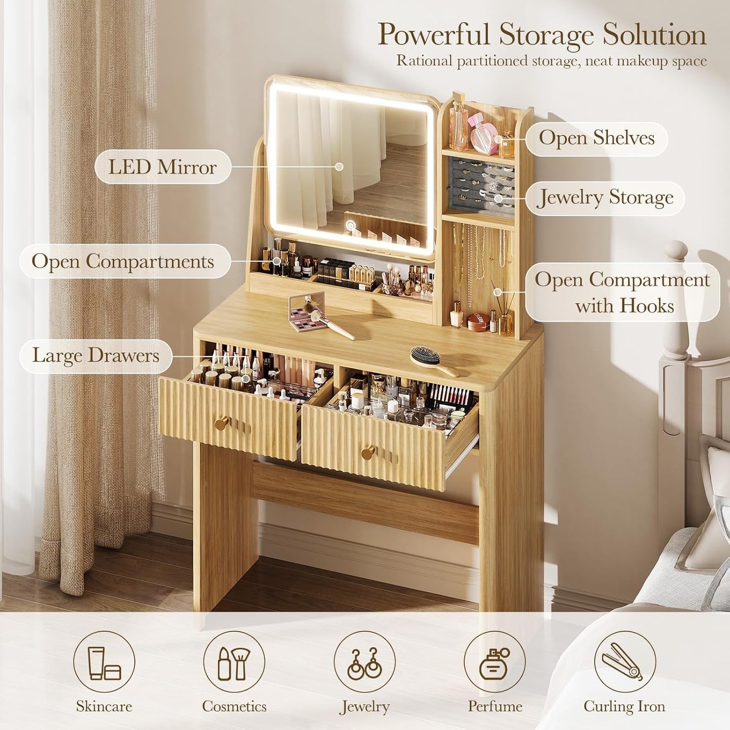 Natural Oak Fluted Vanity Desk Dimmable Illumination