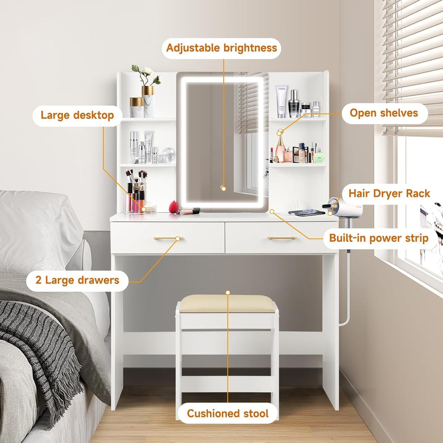 Luxurious White Vanity Integrated LED Mirror Outlet