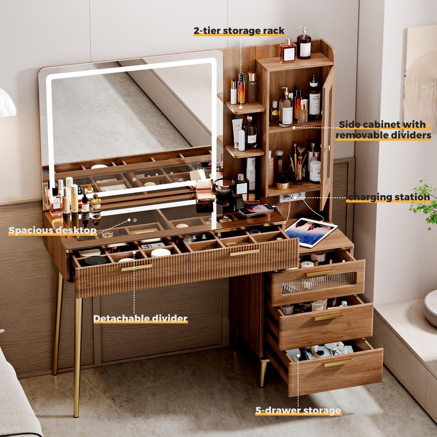Brown Vanity Desk With Premium LED Illuminated Mirror