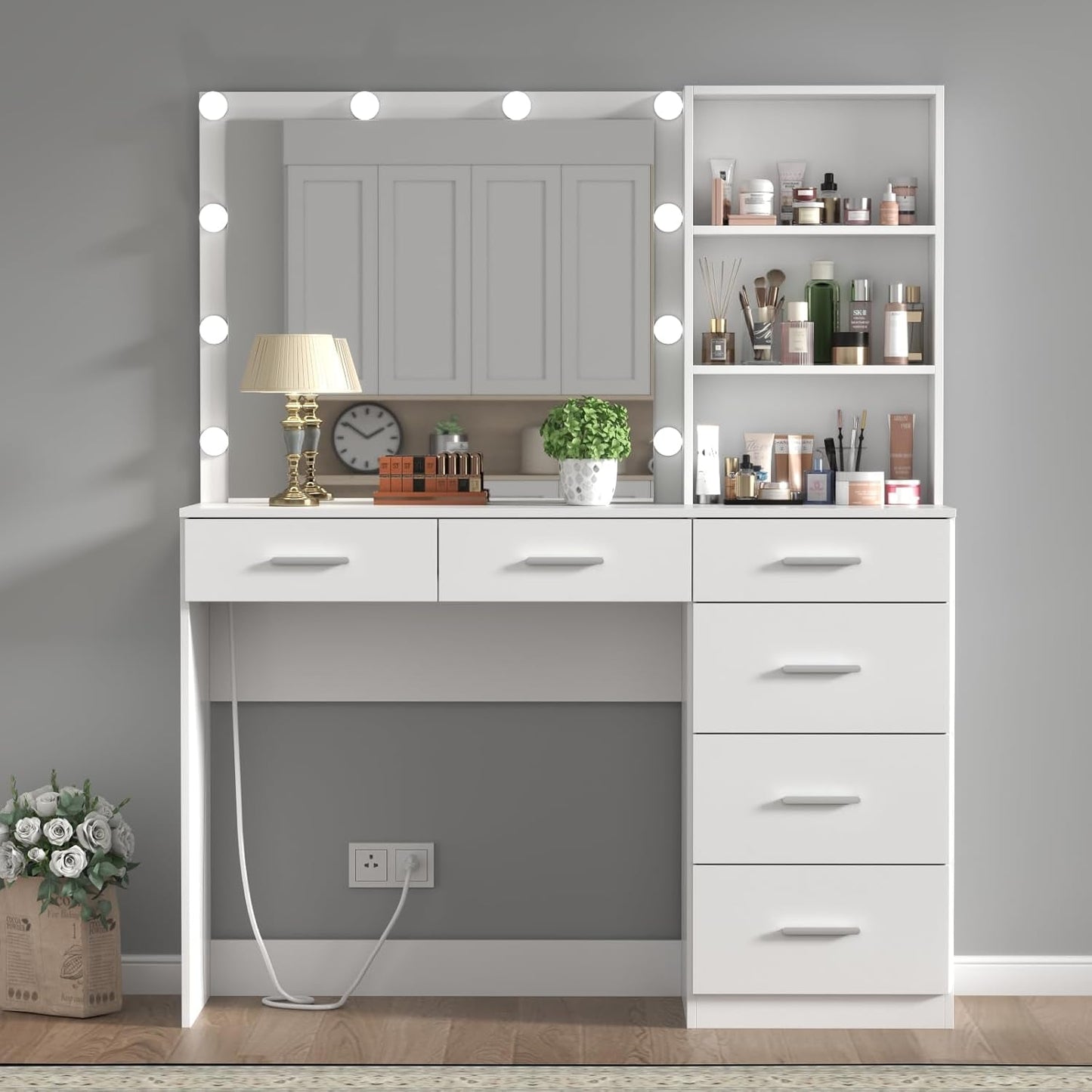 39 Inches White Vanity Desk With Illuminated Makeup Mirror
