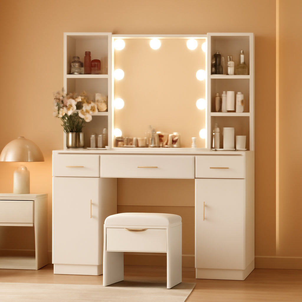 Ivory Vanity Desk With Illuminating Mirrored 45 Inch