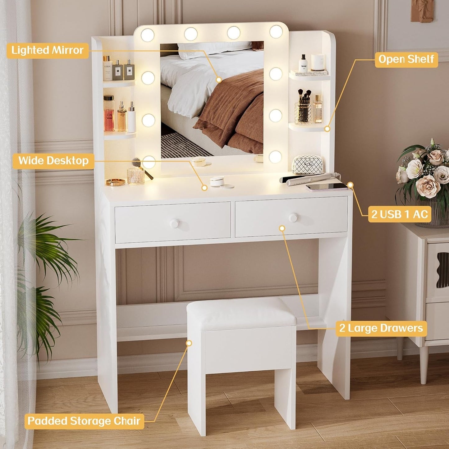 White Vanity Table With Illuminated Mirror Drawers