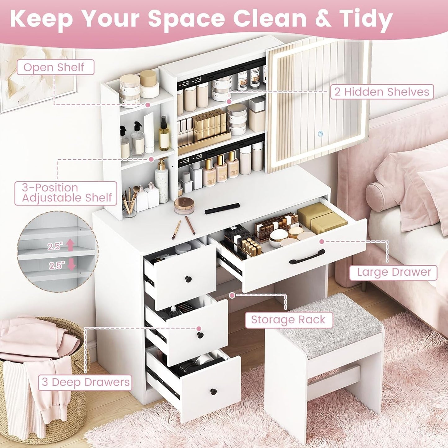 38 Inch Vanity Desk With White Luxurious Illuminated Mirror