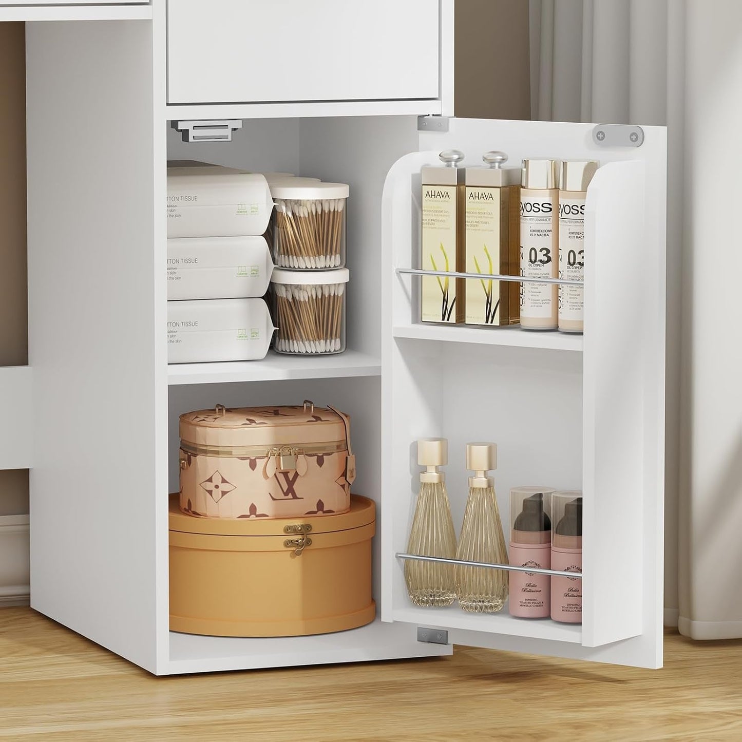 White Vanity Desk Featuring Rotating Jewelry Organizer