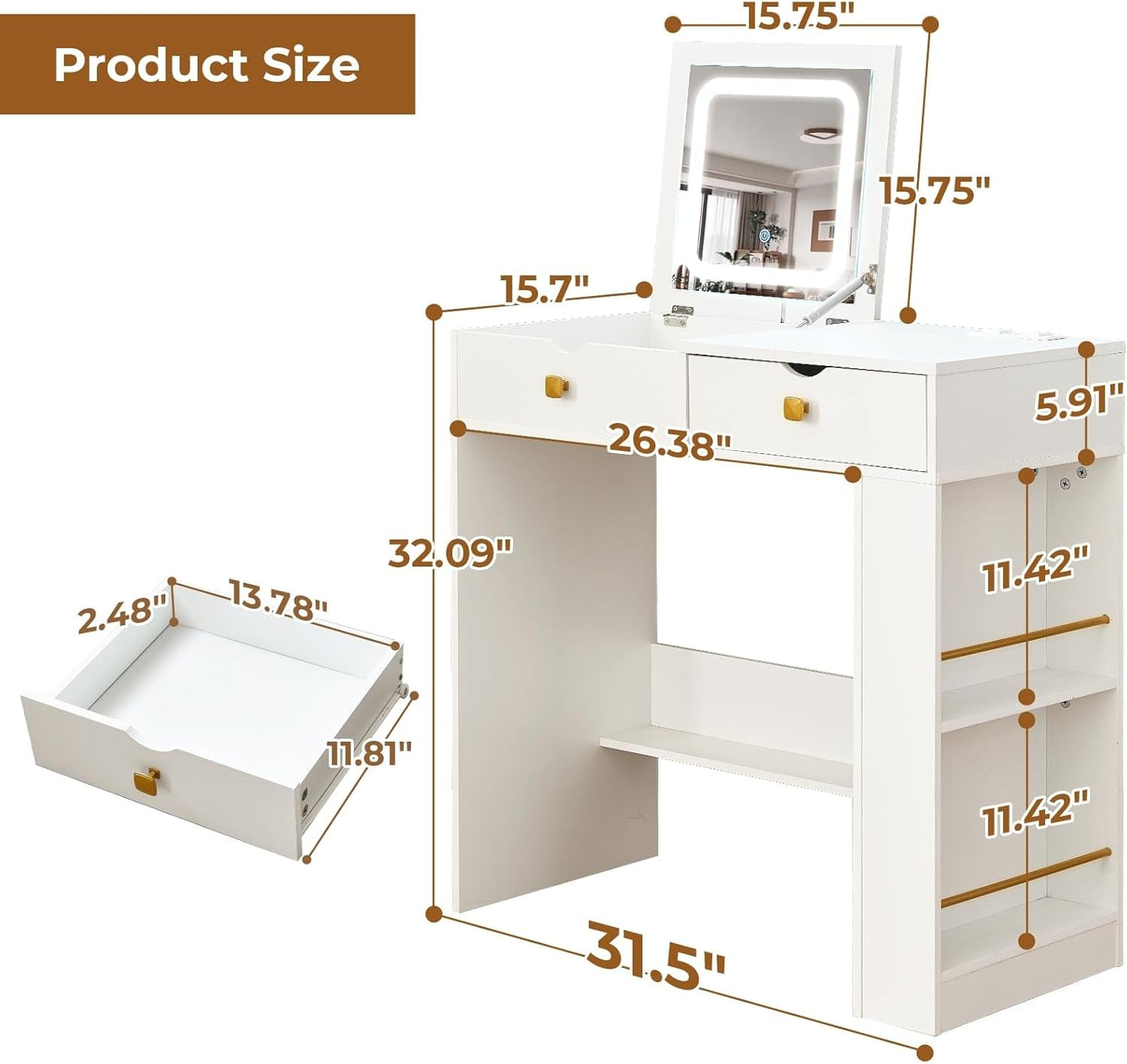 White Vanity Desk Mirror Illuminated Adjustable Storage Compartment