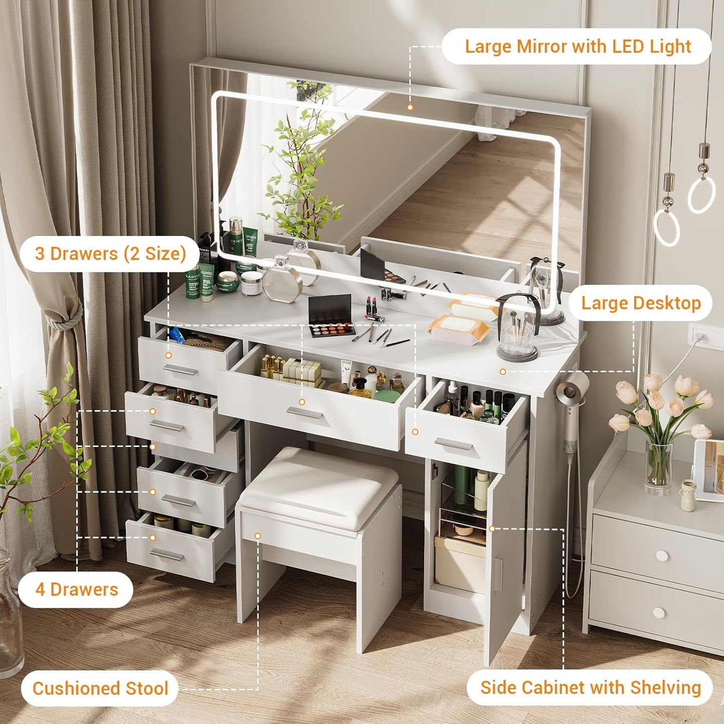 White Vanity Desk With Premium Quality Illuminated Mirror