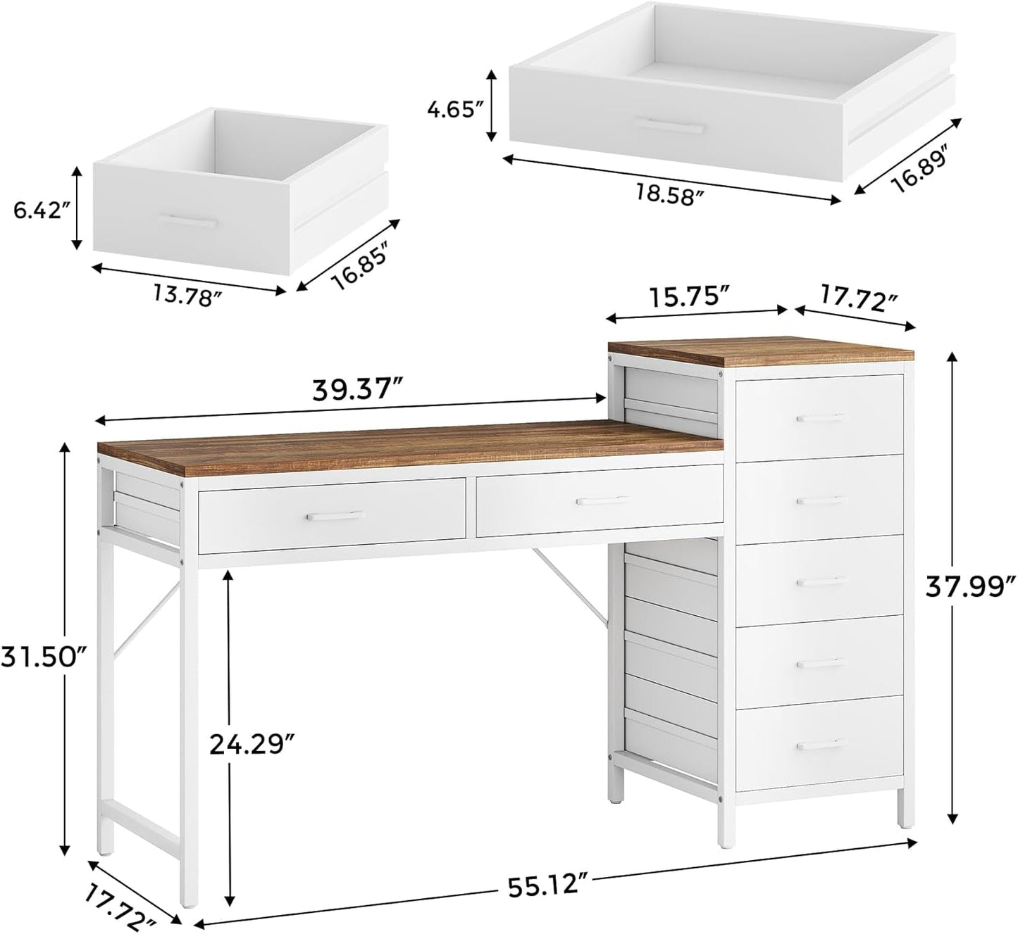 Fifty Five Inch Makeup Vanity Desk With Reversible Drawers