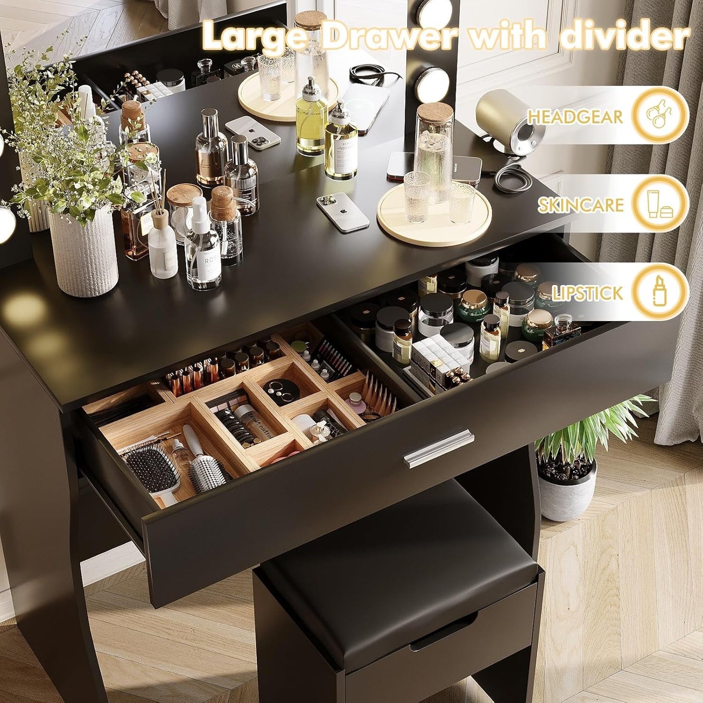 Black Illuminated Makeup Vanity Table With Lighting