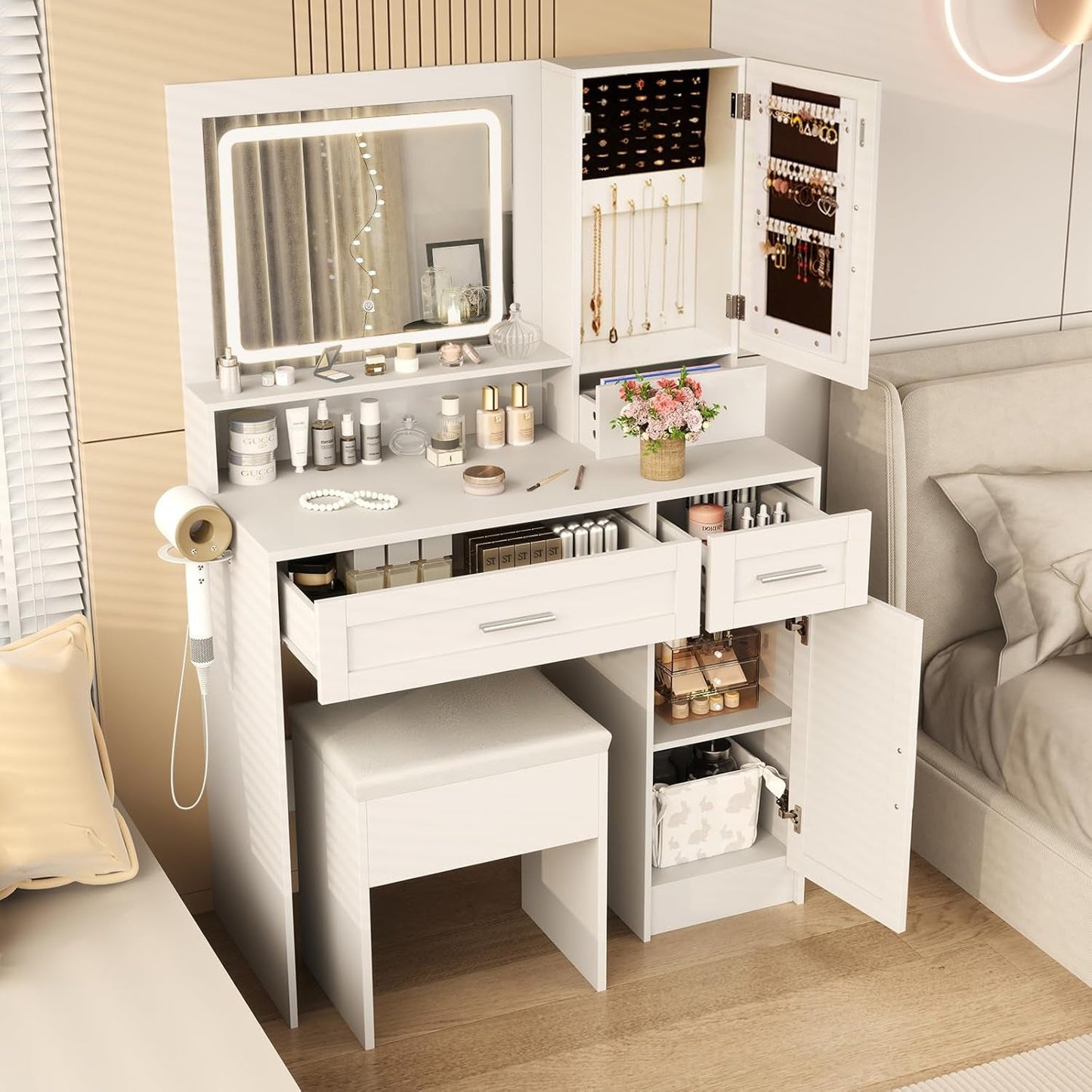 White Vanity Desk Featuring Mirror Lights 35.5 Inch