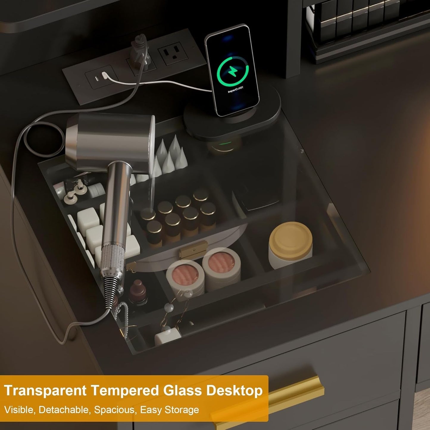 Black Vanity Desk With Mult iCompartment Mirror Lights