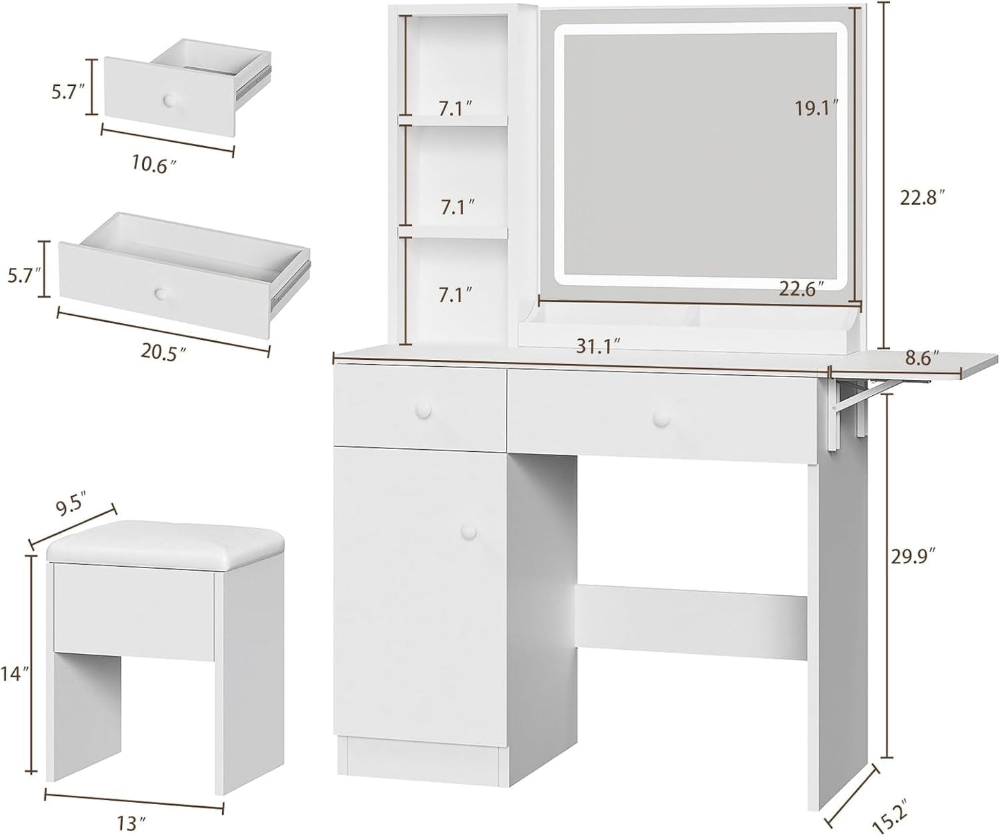 White Vanity Desk With Integrated Illumination Mirror