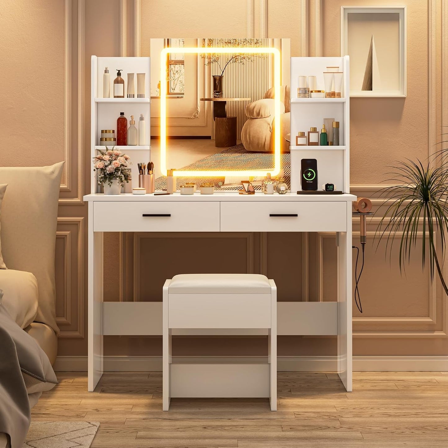 Elegant White Vanity Desk With 42 Inch Wide Mirror Light LED
