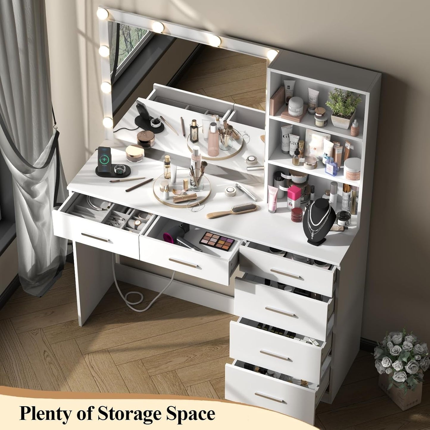 39 Inches White Vanity Desk With Illuminated Makeup Mirror