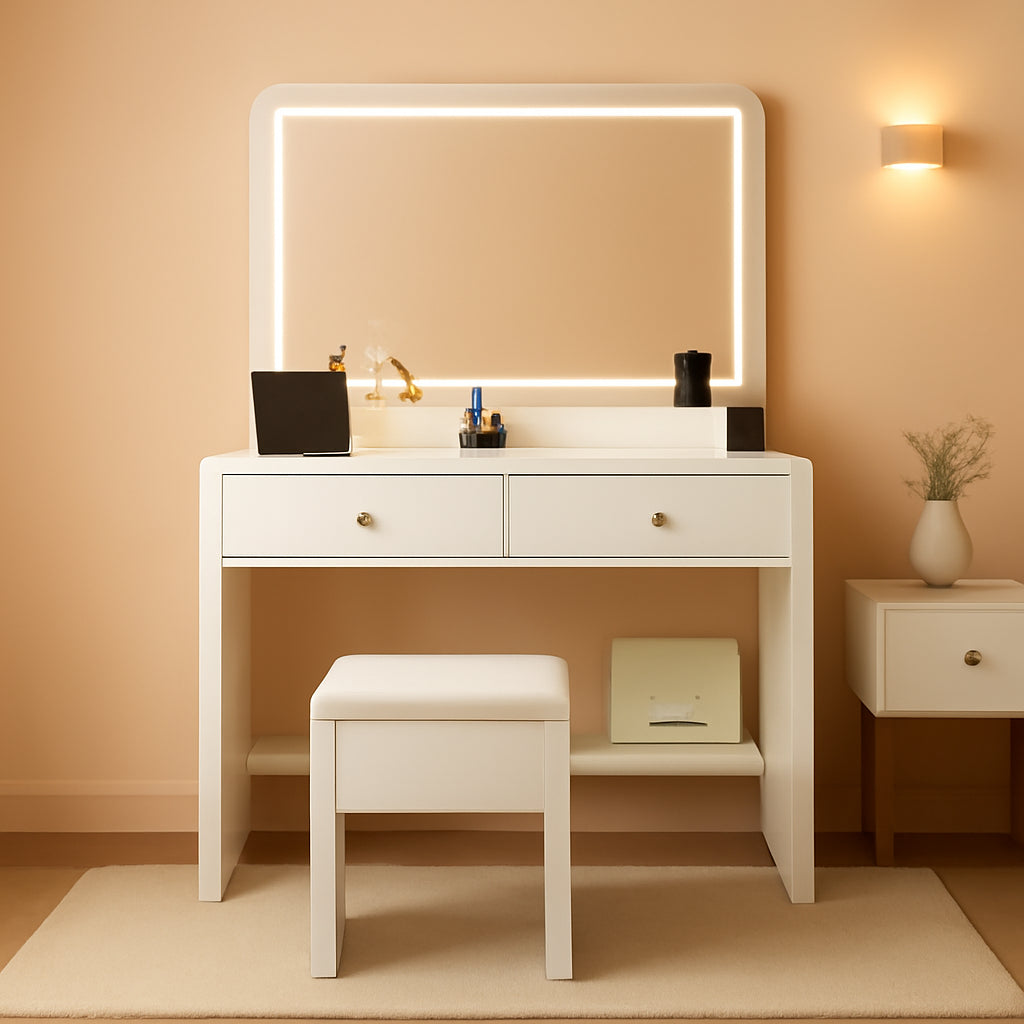 White Makeup Vanity Desk With Integrated LED Lighting